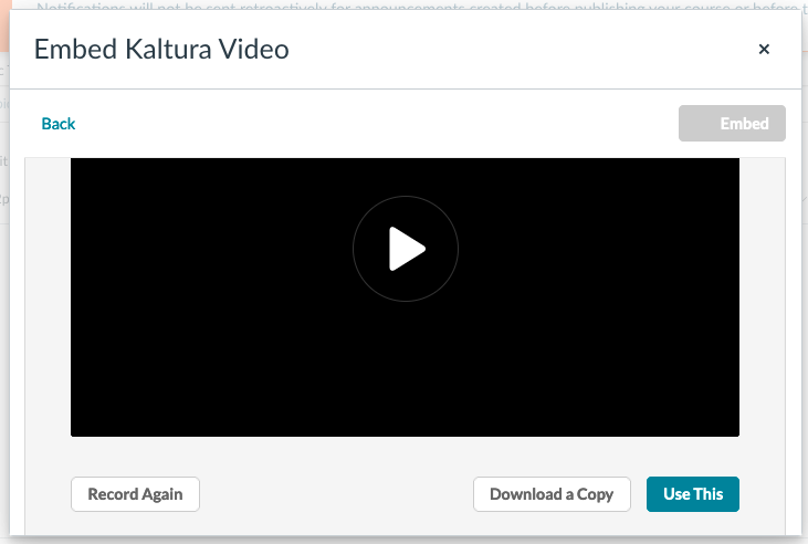 embed kaltura video instant recording screen with a finished recording