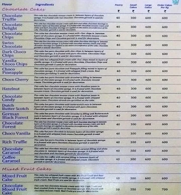 The Cake World menu 