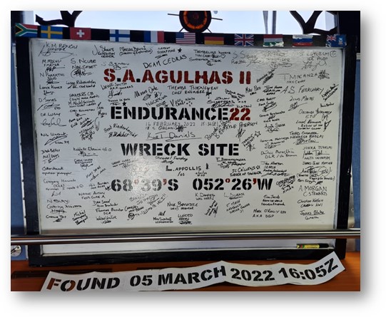 Members of the Endurance22 expedition signed this board to mark their success.