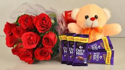 10 Red Rose Bunch & 5 Dairy Milk 1 Teddy Bear