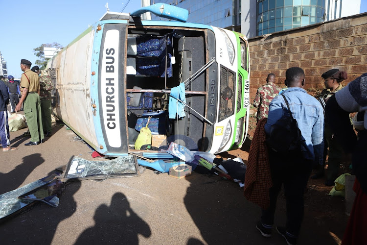 A bus involved in an accident lying on its side near Safaricom stage along Waiyaki Way on January 16, 2023.