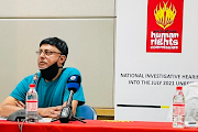 Phoenix community activist Sham Maharaj gives evidence at the SA Human Rights Commission investigative hearing into civil unrest in Durban.