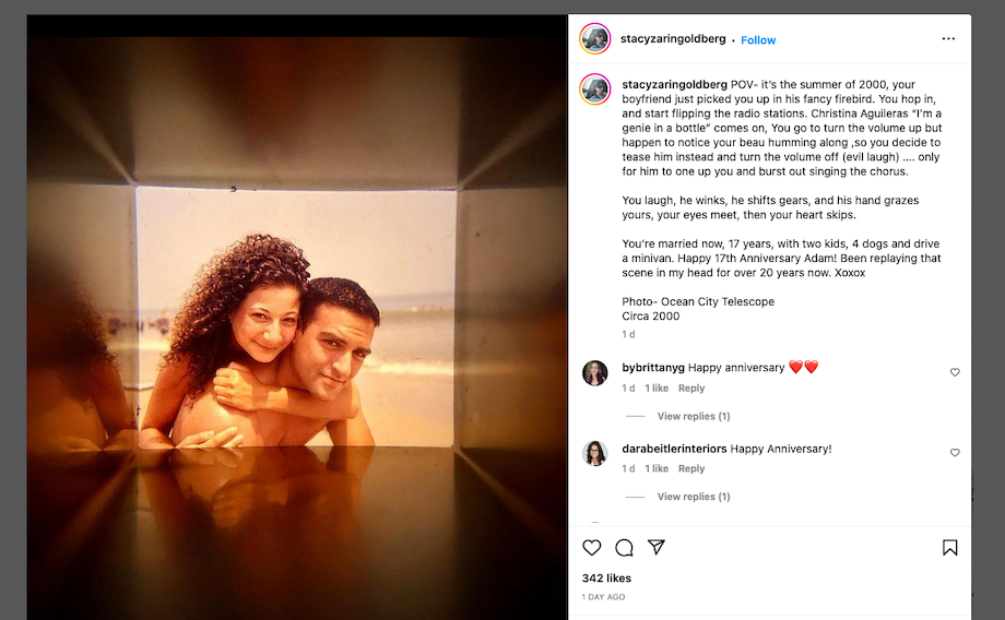 Social media for photographers can help build a personal relationship with many clients. For example, this screenshot of an Instagram post from Stacy Zarin Goldberg's profile shows an image of her and her husband embracing. The caption for the image is a story about a special moment from early on in their relationship and celebrates their 17th wedding anniversary.