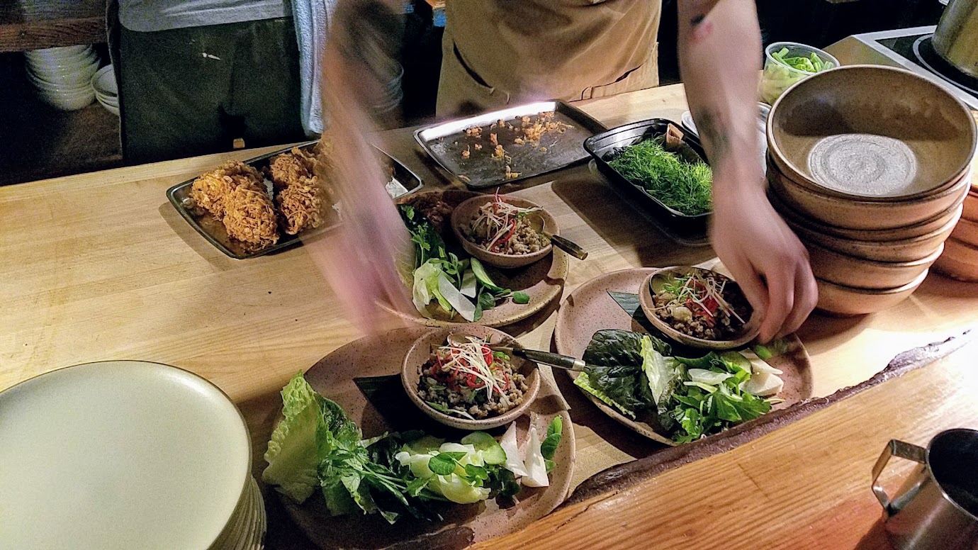 Journey of a Dinner at LangBaan with their May 2017 Tour of Thailand menu: Moo pad plaa kem, a main dish of Lower Southern Thai style relish of ground pork with salted threadfin, lime leaf, crispy omelette, greens