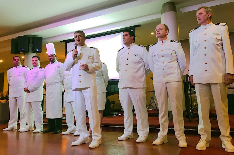 Wind Surf Capt. Pedro Pinto with a few of his executive officers greet the ship's guests.