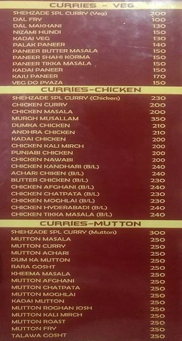 Shehzade Restaurant menu 