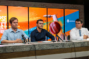 Afriforum manager for sport Ronald Peters is flanked by Ernst van Zyl (L) and Daniel Eloff (R) during the organisation's media briefing in Centurion on November 11 2020. 