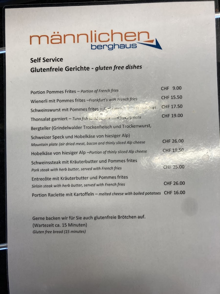 Berghaus Männlichen gluten-free menu