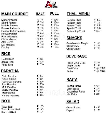 A Plus Food Services menu 