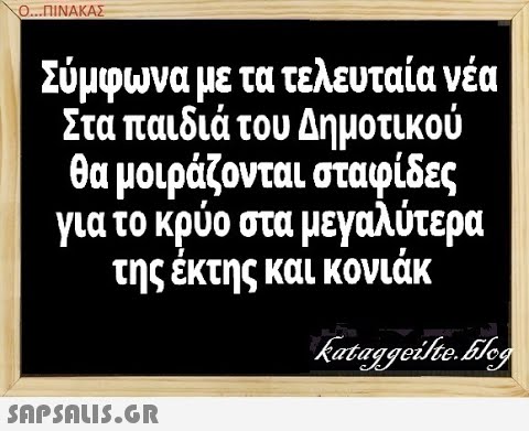 Ο...ΠΙΝΑΚΑΣ Σύμφωνα με τα τελευταία νέα Στα παιδιά του Δημοτικού θα μοιράζονται σταφίδες για το κρύο στα μεγαλύτερα της εκτης και κονιάκ SAPSALIS.G.