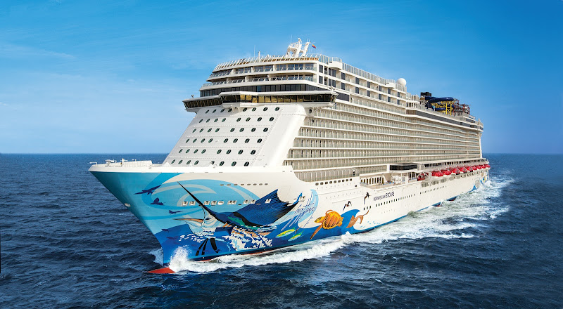 Norwegian Escape approaches Norwegian's new private island, Harvest Caye.