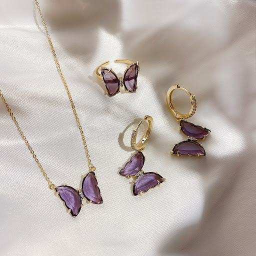 Title 7, Purple Crystal Butterfly Stud Earrings Ring Nec...