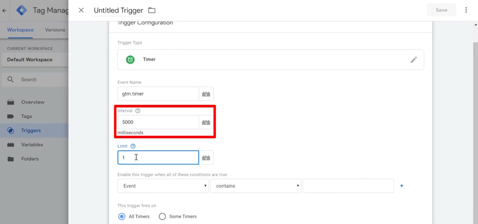 Set the Interval to 5000 milliseconds for your trigger to make a five-second delay to your Tag firing