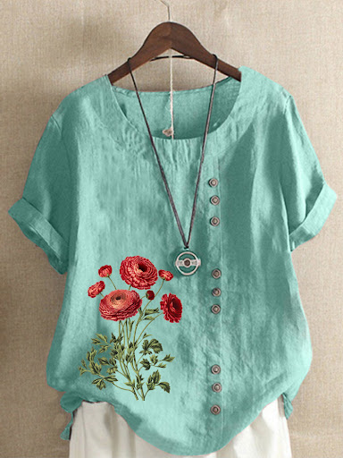 Title 5, Cotton And Linen Printed Loose Short Sleeve Casual