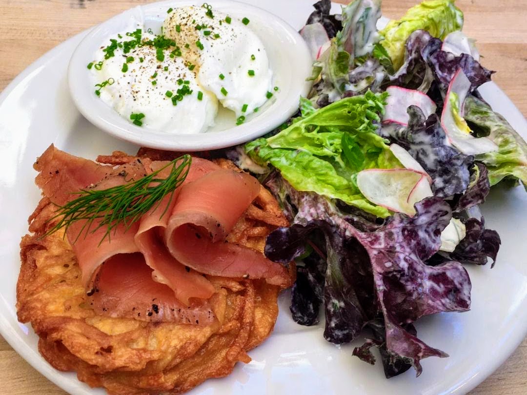 Brunch dish of Housemade Gravlax, Poached Egg, Potato Cake, with a Salad of Butter Lettuce with French Breakfast Radish, Scallion and Dill Dressing at Radar Restaurant on North Mississippi, Portland