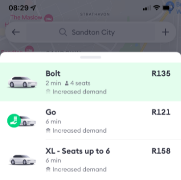 Bolt prices for a trip to Sandton City.