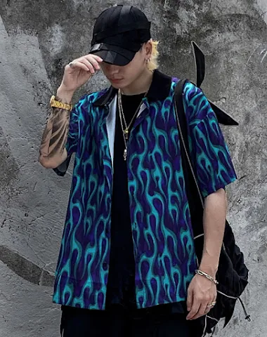 Flame Full Print Lapel Short Sleeve - 0