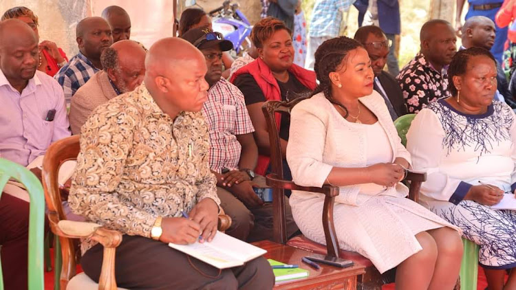 Machakos Deputy Governor Francis Mwangangi and Governor Wavinya Ndeti during a public participation meeting in Kathiani subcounty on February 14, 2023.