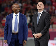 Confederation of African Football president Patrice Motsepe and Fifa president Gianni Infantino during the Caf Super Cup match between Egypt's Al-Ahly and Morocco's Raja Casablanca at the Ahmed Bin Ali Stadium in Ar-Rayyan, Qatar, in December 2021.