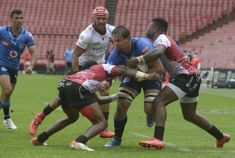 Arno Botha of the Bulls is tackled during the United Rugby Championship match against the Lions. Saturday's final in Cape Town may be his last for the Bulls. Picture: SYDNEY SESHIBEDI/GALLO IMAGES