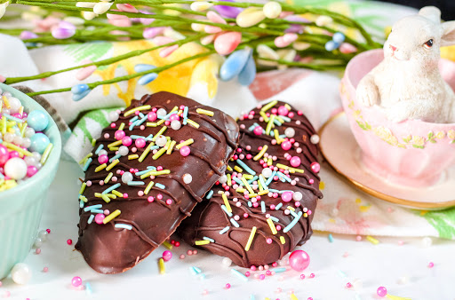 Two decorated Marshmallow Peanut Butter Easter Eggs.