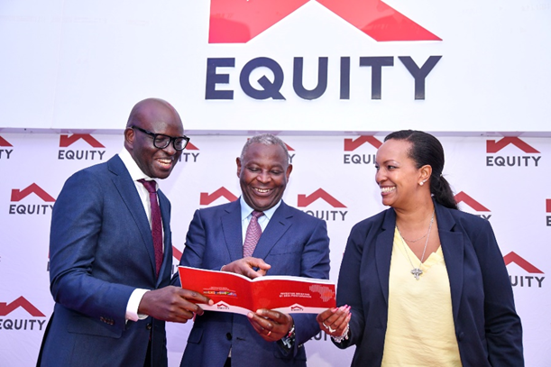 Equity Group chief finance officer, Moses Nyabanda, Equity Group managing director and CEO, Dr. James Mwangi and Equity Group chief Internal Auditor, Beth Kithinji, during the Q1 2024 investor briefing event in Nairobi on May 13, 2024