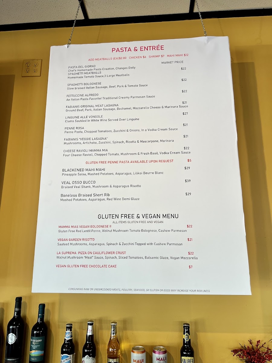 Fabiani's Bakery and Pizzeria gluten-free menu