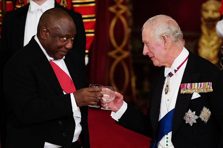 President Cyril Ramaphosa and King Charles III toast at the state banquet held at Buckingham Palace in London.