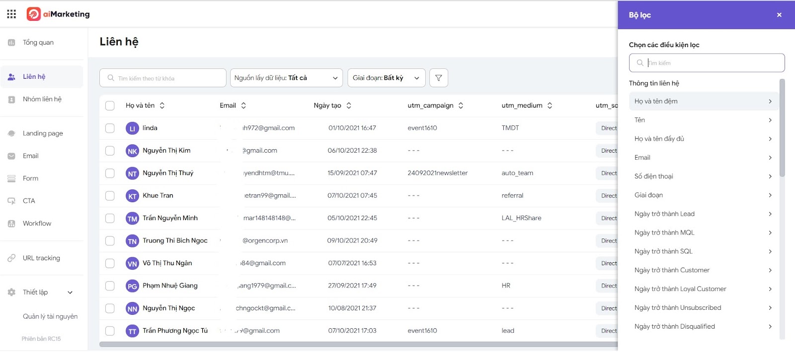 Quản lý khách hàng tiềm năng trên aiMarketing