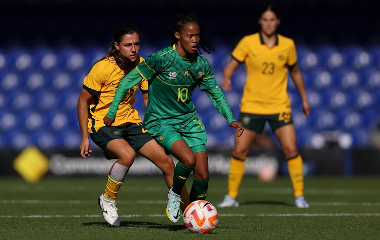 Linda Motihalo of SA and Alex Chidac of Australia during the international friendly at Kingsmeadow Stadium in Kingston upon Thames, England on October 8 2022.