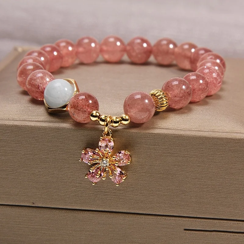 Pulsera de cuentas de cuarzo fresa natural étnica amuleto de la suerte, para atraer buena fortuna y estilo único a tu muñeca, ideal regalo.