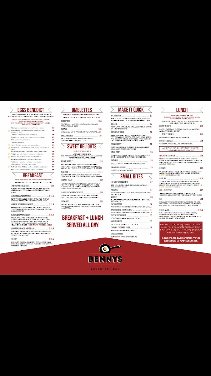 Bennys Breakfast Bar gluten-free menu