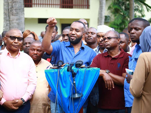 Mombasa Governor Hassan Joho and Kilifi's Amason Kingi at Pride Inn Hotel in Mombasa during a meeting with coast MCAs on August 15,2018