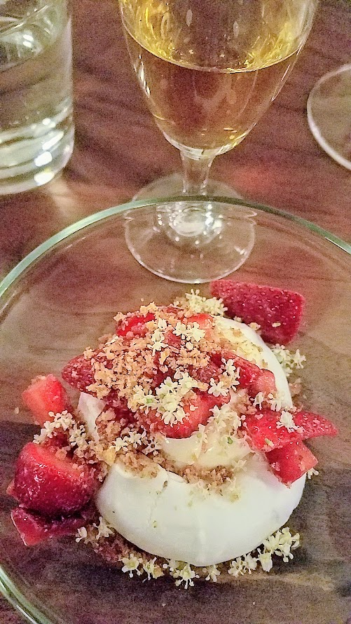 Chefs Week PDX 2017 Heritage Dinner at Chesa on May 7, Nora Antene (Tusk) created a dish of Macerated Strawberries, Anise Whipped Cream, Hoska Croutons