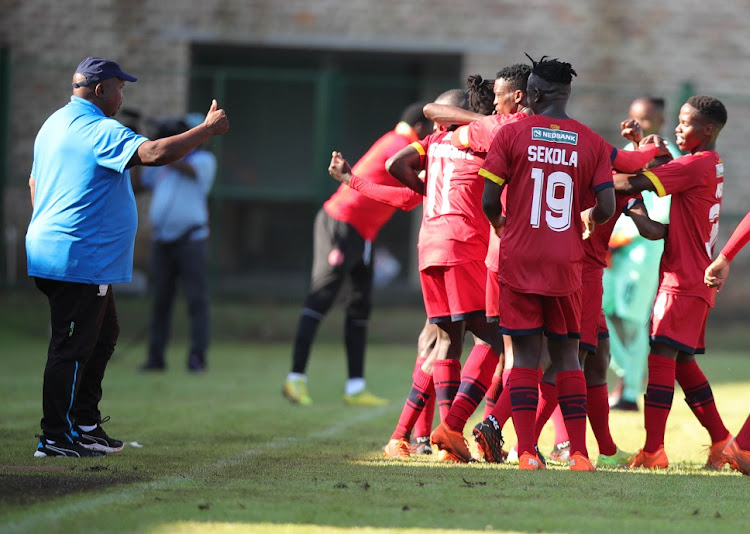 Owner and coach Jomo Sono gives instructions to Jomo Cosmos soon after scoring a goal in the Nedbank Cup last-32 match against Black Leopards at Olen Park Stadium in Potchefstroom in February 2021.