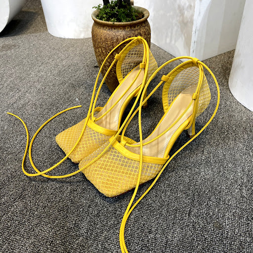 Title 5, Summer high-heeled sheepskin sandals with squar...