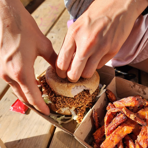 Crispy chicken burger and yam fries