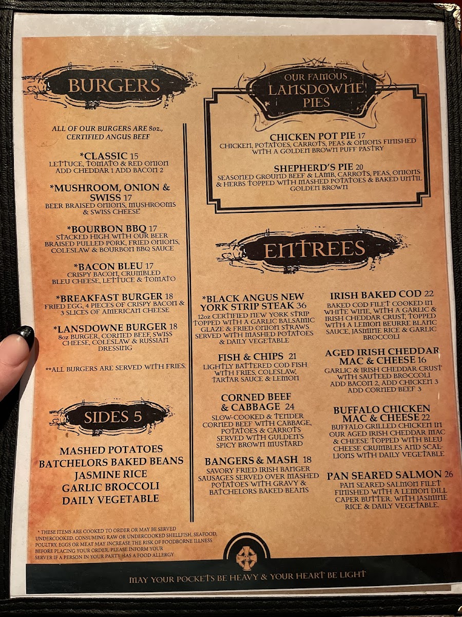 The Lansdowne Irish Pub & Music House gluten-free menu