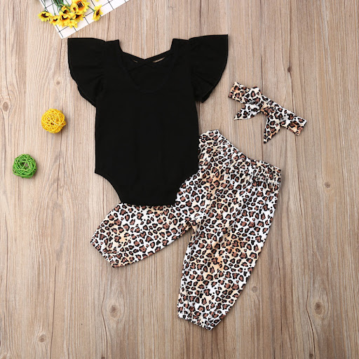 Title 3, Black short-sleeved top and leopard print trous...