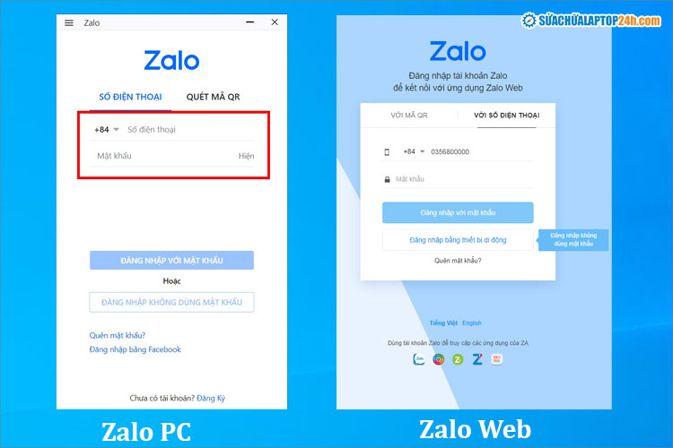 Nhập số điện thoại và mật khẩu đăng nhập tài khoản Zalo trên máy tính