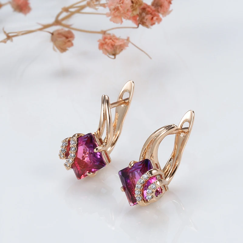 Boucles d'oreilles carrées en or rose, cristal rouge et diamant, créatives et populaires pour femmes, vente en gros d'usine.