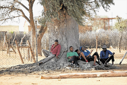 LONG BREAK: A group of youths, some of them school pupils, sit under a tree while waiting for a community meeting to start in a village outside Kuruman, where schooling has been disrupted Picture: SHELLEY CHRISTIANS