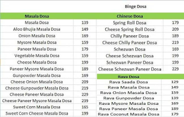 Binge Dosai menu 