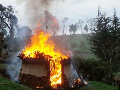 A house allegedly torched by Kenya Forest Service officers in Mau forest on Monday/FILE