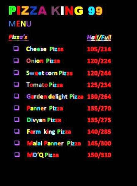 Pizza King 99 menu 