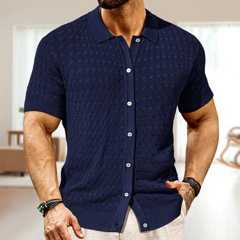 Cardigã masculino de manga curta em tricô pointelle para primavera e verão, design moderno, leve e confortável, ideal para climas quentes.