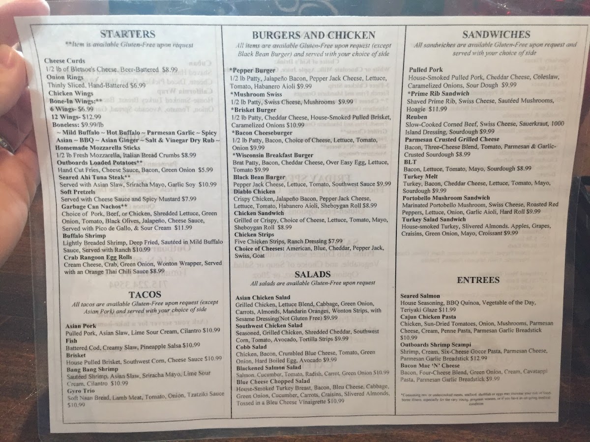 Outboards Bar & Grill gluten-free menu