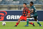 Matarr Ceesay of AmaZulu challenges Ethan Brooks of TS Galaxy in the DStv Premiership 2021-22 match at Moses Mabhida Stadium in Durban on February 22 2022.