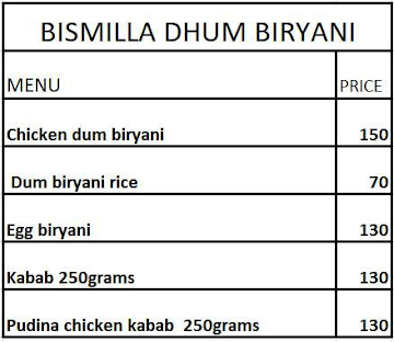 Bismillah Dum Biriyani menu 