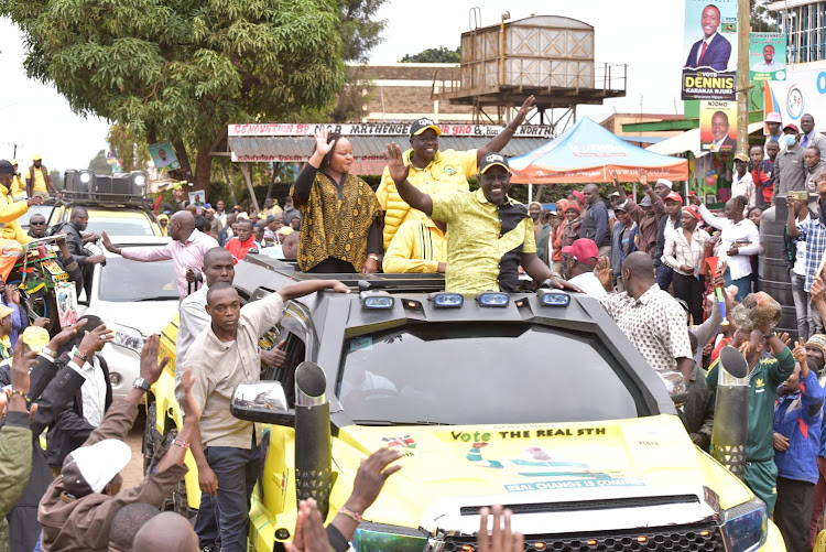 Kenya Kwanza presidential candidate William Ruto, Kirinyaga Governor Anne Waiguru and Mathira MP Rigathi Gachagua on a campaign trail on July 27,2022.